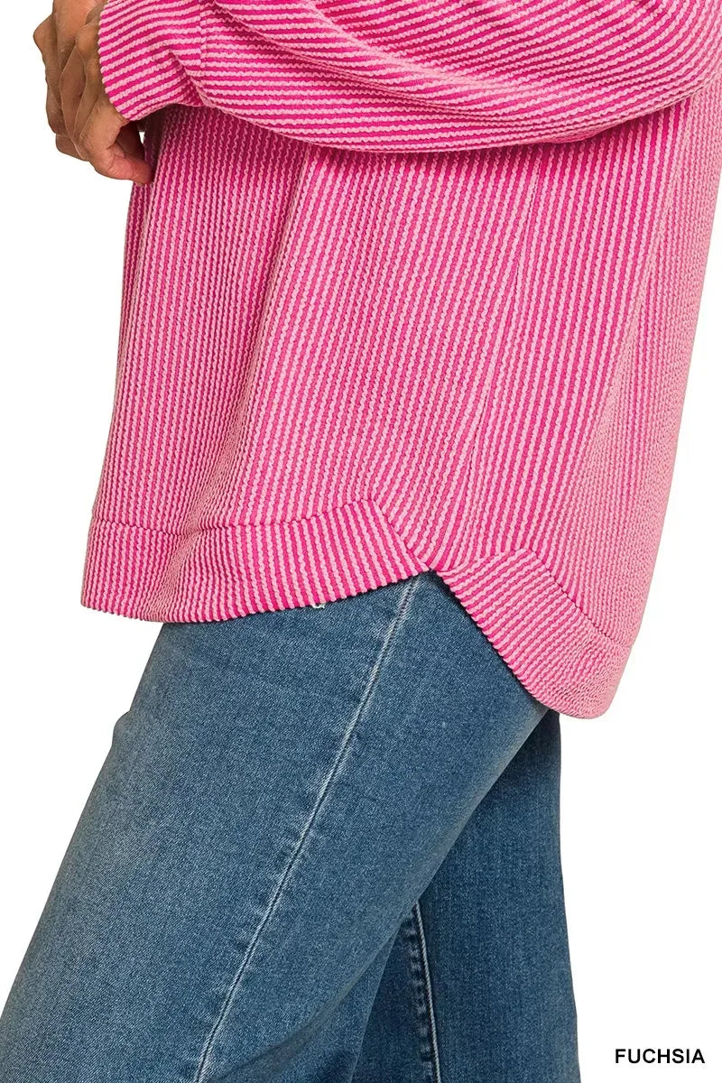 Zenana Full Size Raised Rib Round Neck Long Sleeve Top Plus Size - DAVERRI FASHIONS