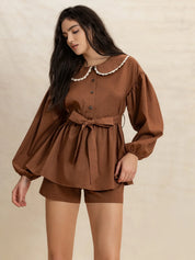 Peter Pan Collar Balloon Sleeve Top and Shorts Set | Daverri Fashions