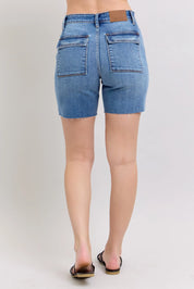 Judy Blue Full Size Mid Rise Bermudas Denim Shorts W/ Back Flap Pockets Plus Size | Denim Shorts Daverri Fashions