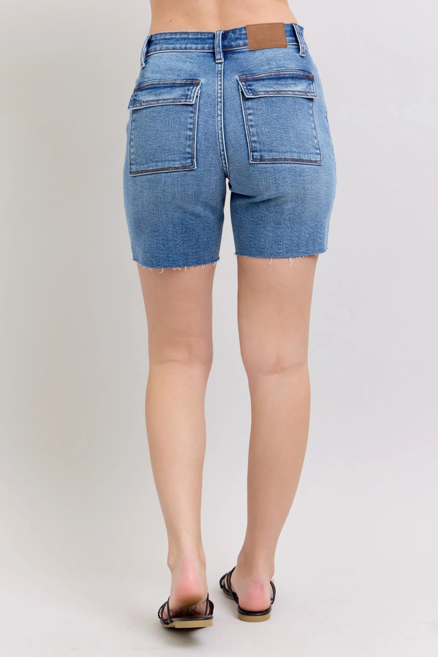 Judy Blue Full Size Mid Rise Bermudas Denim Shorts W/ Back Flap Pockets Plus Size Denim Shorts