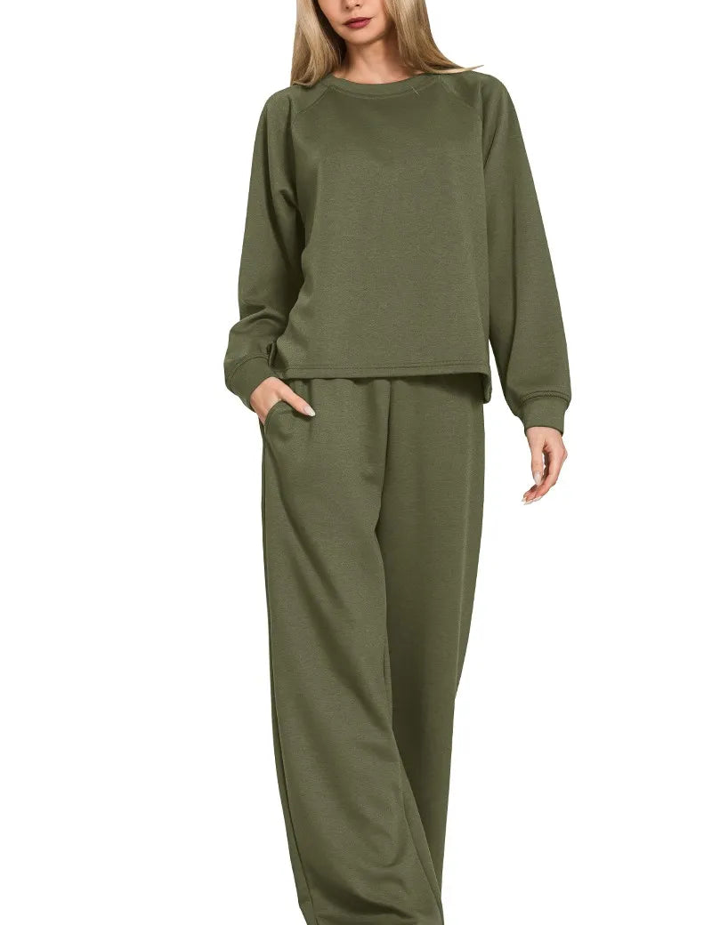 DK OLIVE Zenana Scuba Crewneck Sweatshirt and Pants Set | Loungewear Sets Daverri Fashions