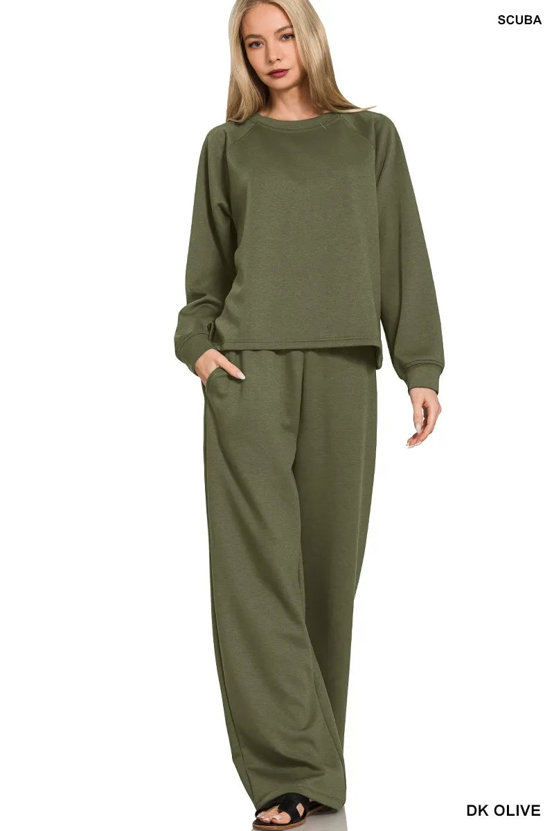 Zenana Scuba Crewneck Sweatshirt and Pants Set DK OLIVE Outfit Sets