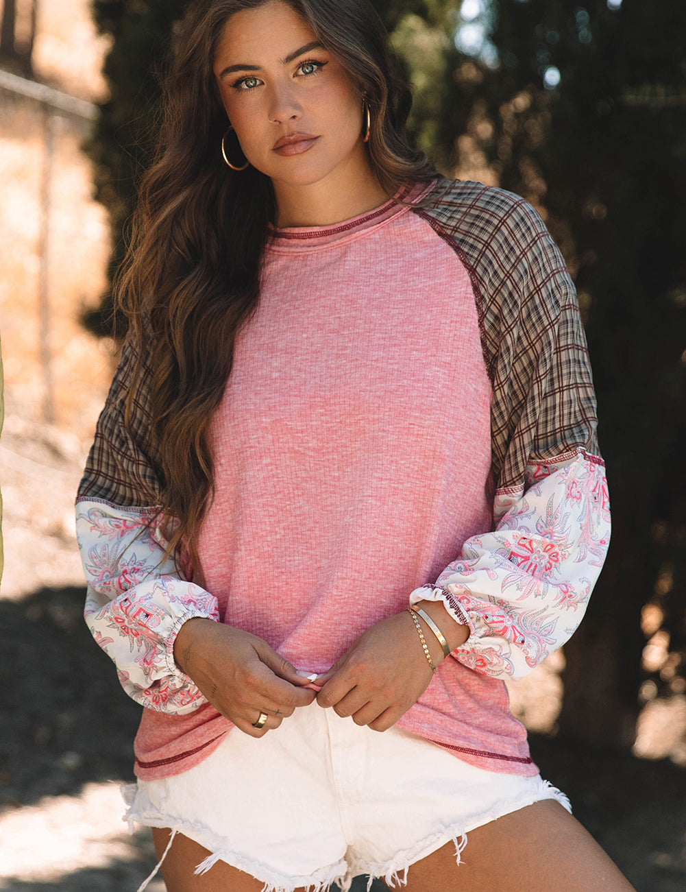Fushia 85%Polyester+10%Viscose+5%Elastane Fushia Mixed Print Raglan Sleeve Ribbed Knit Patchwork Blouse | Blouses Daverri Fashions