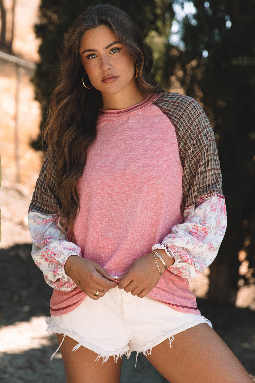 Fushia 85%Polyester+10%Viscose+5%Elastane Fushia Mixed Print Raglan Sleeve Ribbed Knit Patchwork Blouse | Blouses Daverri Fashions