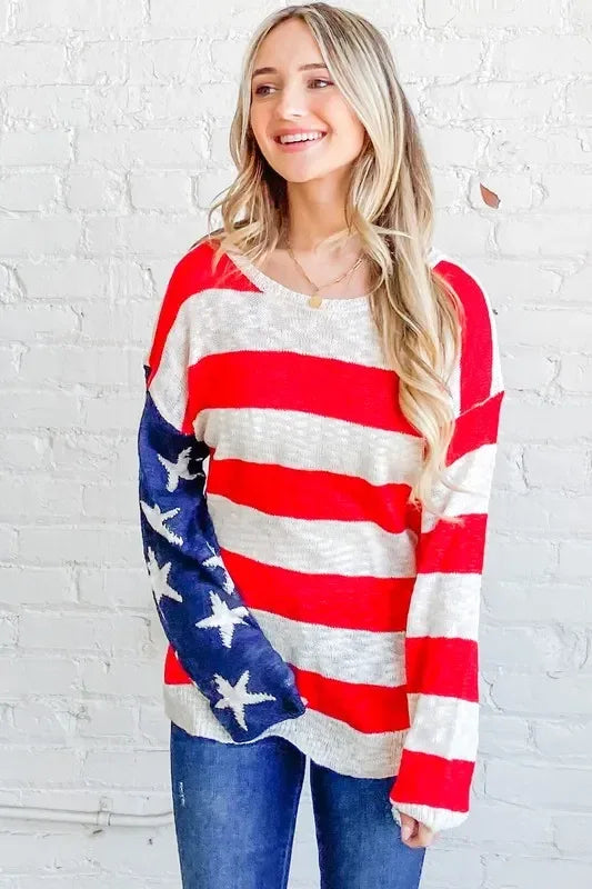 And The Why American Flag Long Sleeve Sweater - DAVERRI FASHIONS