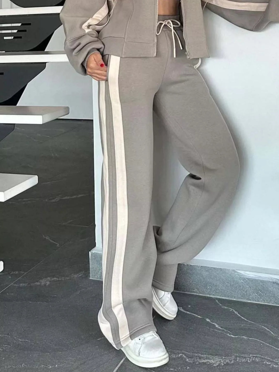 Full Size Contrast Stripe Zip Up Jacket and Pants Set Plus Size | Loungewear Sets Daverri Fashions
