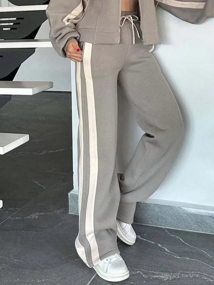 Full Size Contrast Stripe Zip Up Jacket and Pants Set Plus Size | Loungewear Sets Daverri Fashions