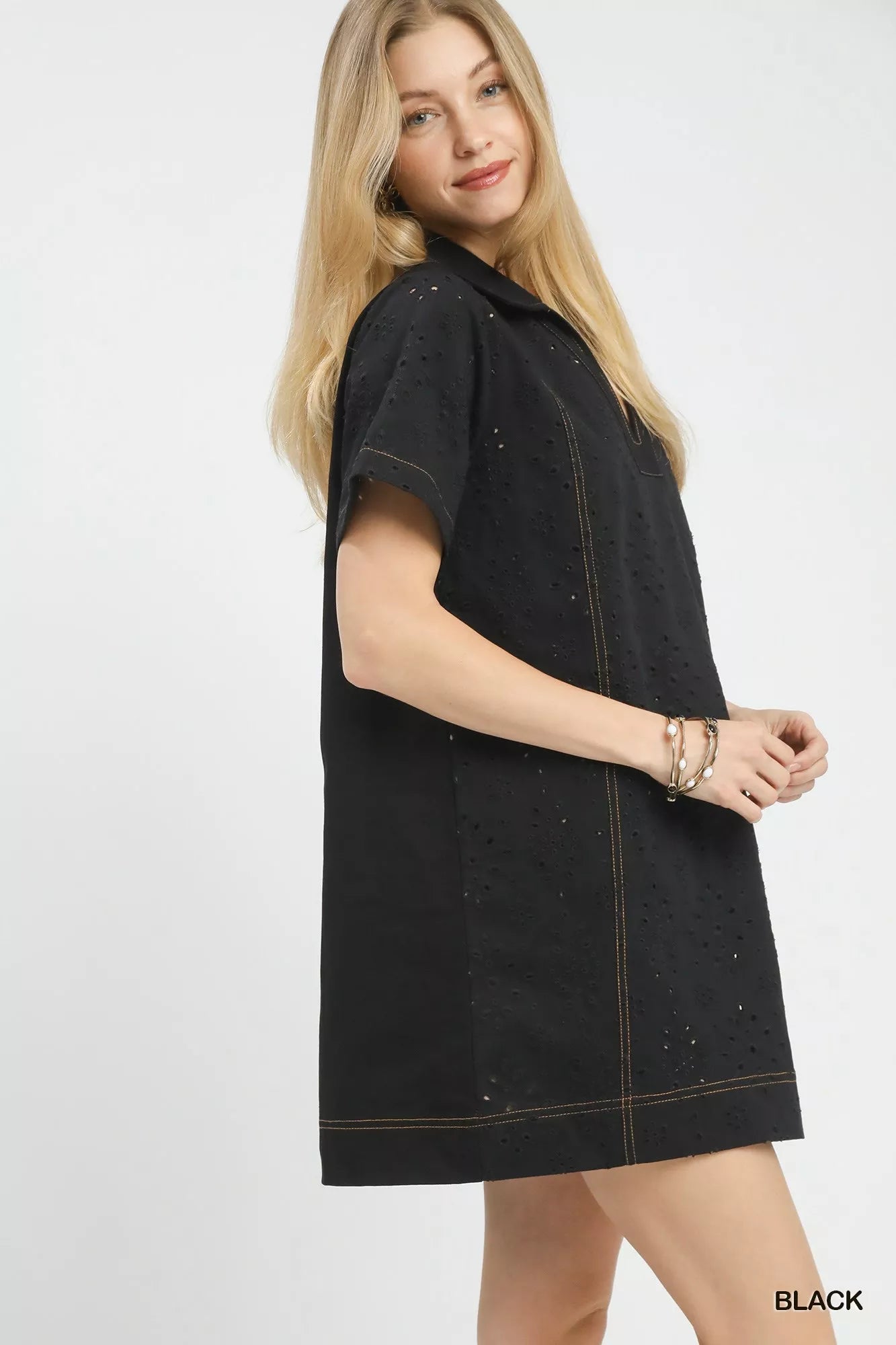 Black Umgee eyelet short sleeve shift dress with pocket and gold stitching