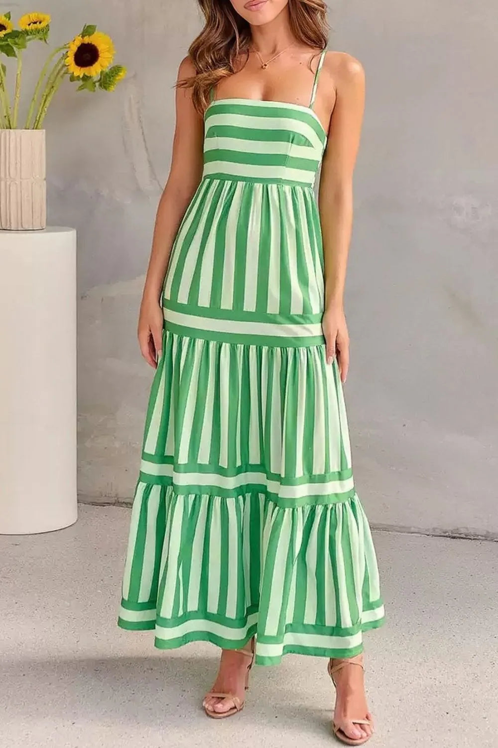 Daverri green white striped tiered maxi cami dress on woman