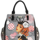 Nicole Lee USA eco-leather gray handbag with black handles, side pockets, colorful vintage woman print