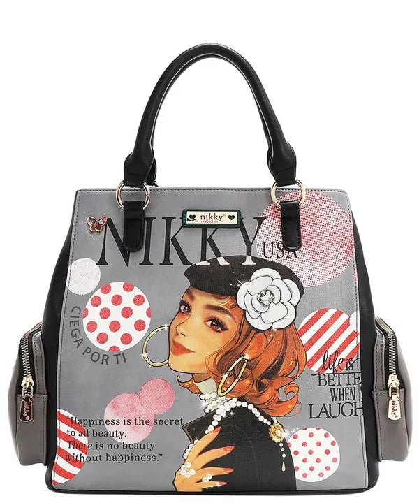 Nicole Lee USA eco-leather gray handbag with black handles, side pockets, colorful vintage woman print