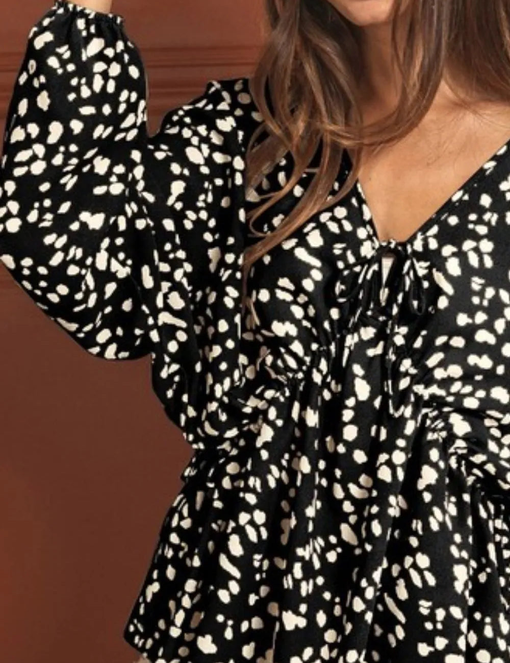 Leopard Woven Tied Spaghetti V Neck Long Sleeve Top | Blouses Daverri Fashions