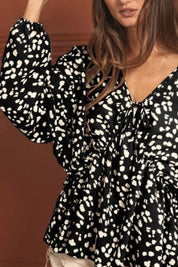 Leopard Woven Tied Spaghetti V Neck Long Sleeve Top | Blouses Daverri Fashions