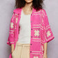 Vibrant pink POL crochet cardigan with cream floral granny square patterns
