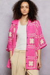 Vibrant pink POL crochet cardigan with cream floral granny square patterns
