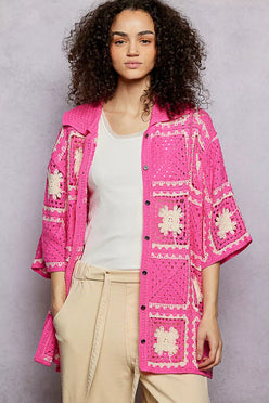 Vibrant pink POL crochet cardigan with cream floral granny square patterns