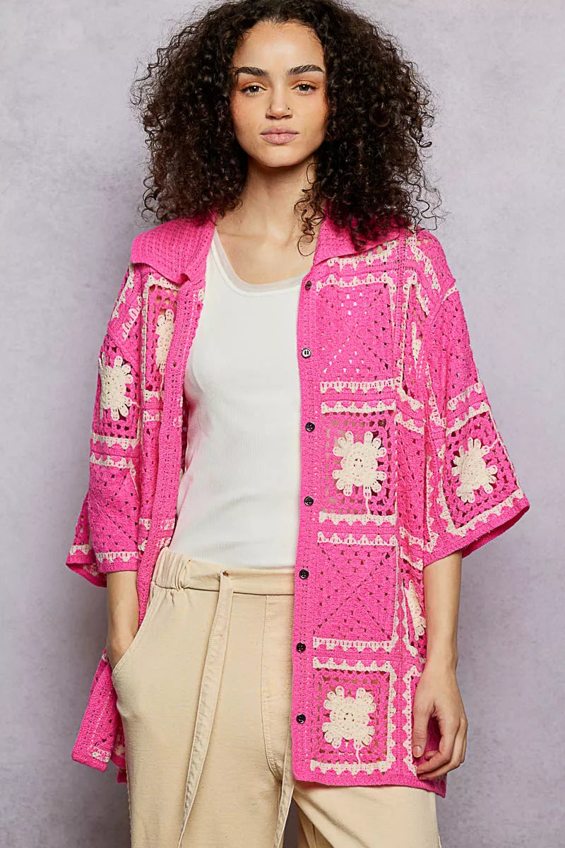Vibrant pink POL crochet cardigan with cream floral granny square patterns