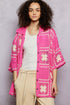 Vibrant pink POL crochet cardigan with cream floral granny square patterns