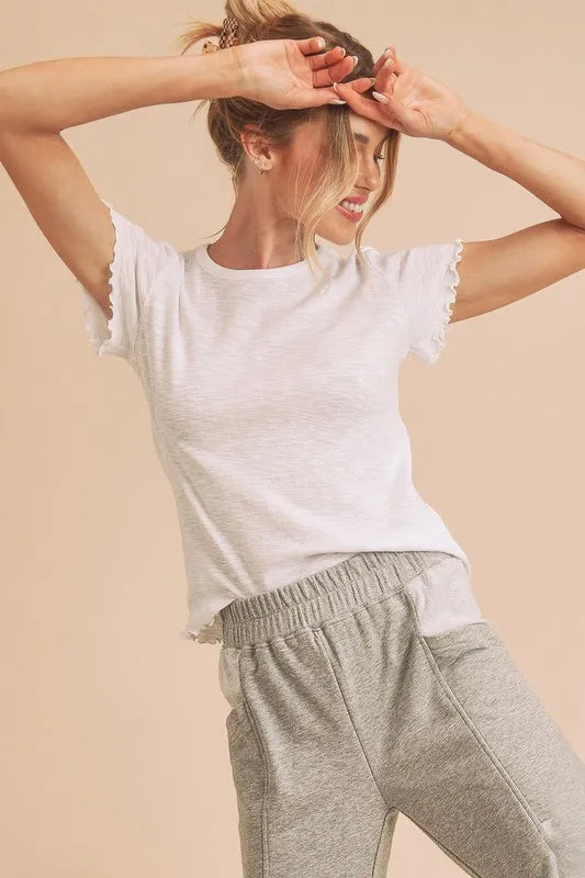 Aemi+Co Round Neck Lettuce Hem Short Sleeve T-Shirt