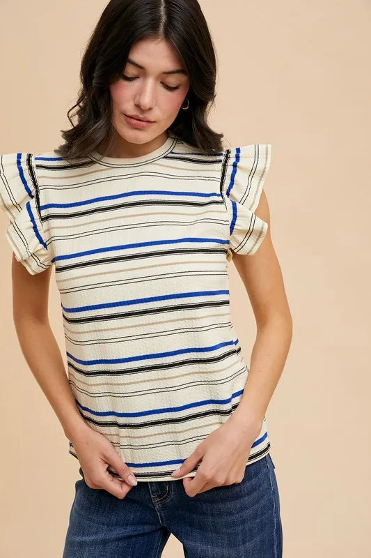 Annie Wear Multi Stripe Ruffle Sleeve Textured Knit Top