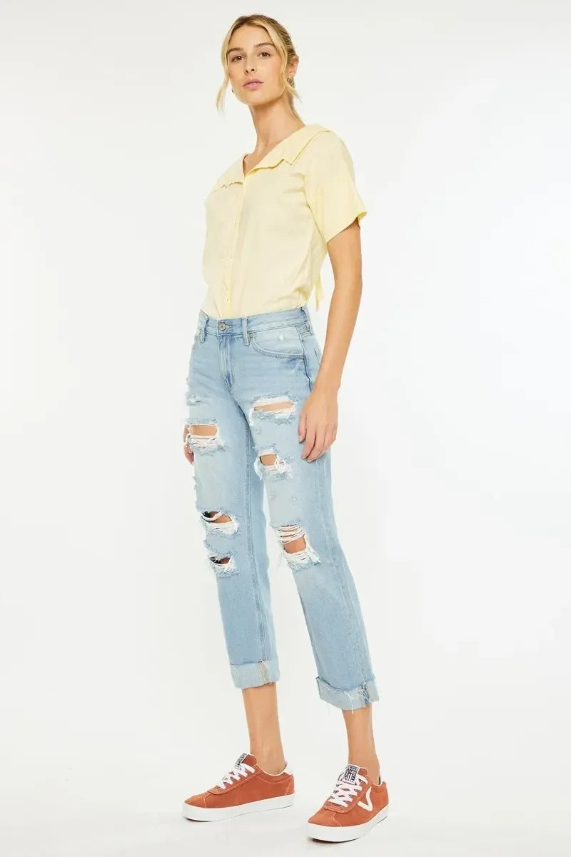Kancan Mid Rise Distressed Boyfriend Jeans - DAVERRI FASHIONS