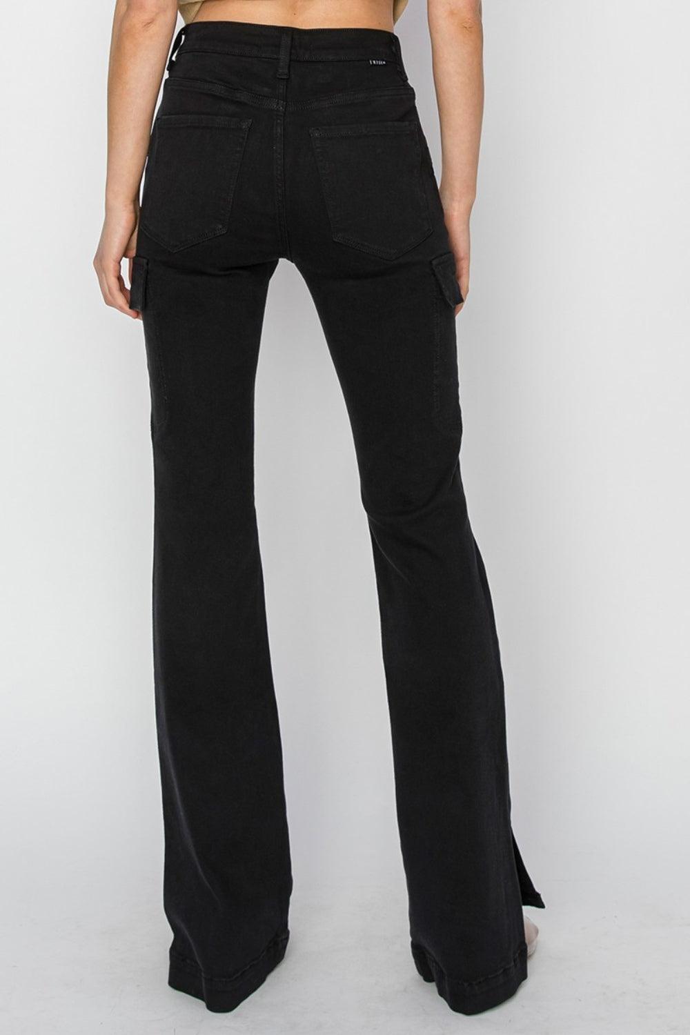 RISEN Full Size High Rise Side Slit Cargo Bootcut Jeans Jeans