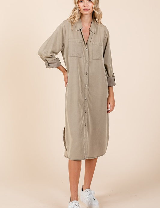 Mittoshop Button Down Long Sleeve Shirt Dress Hazelnut