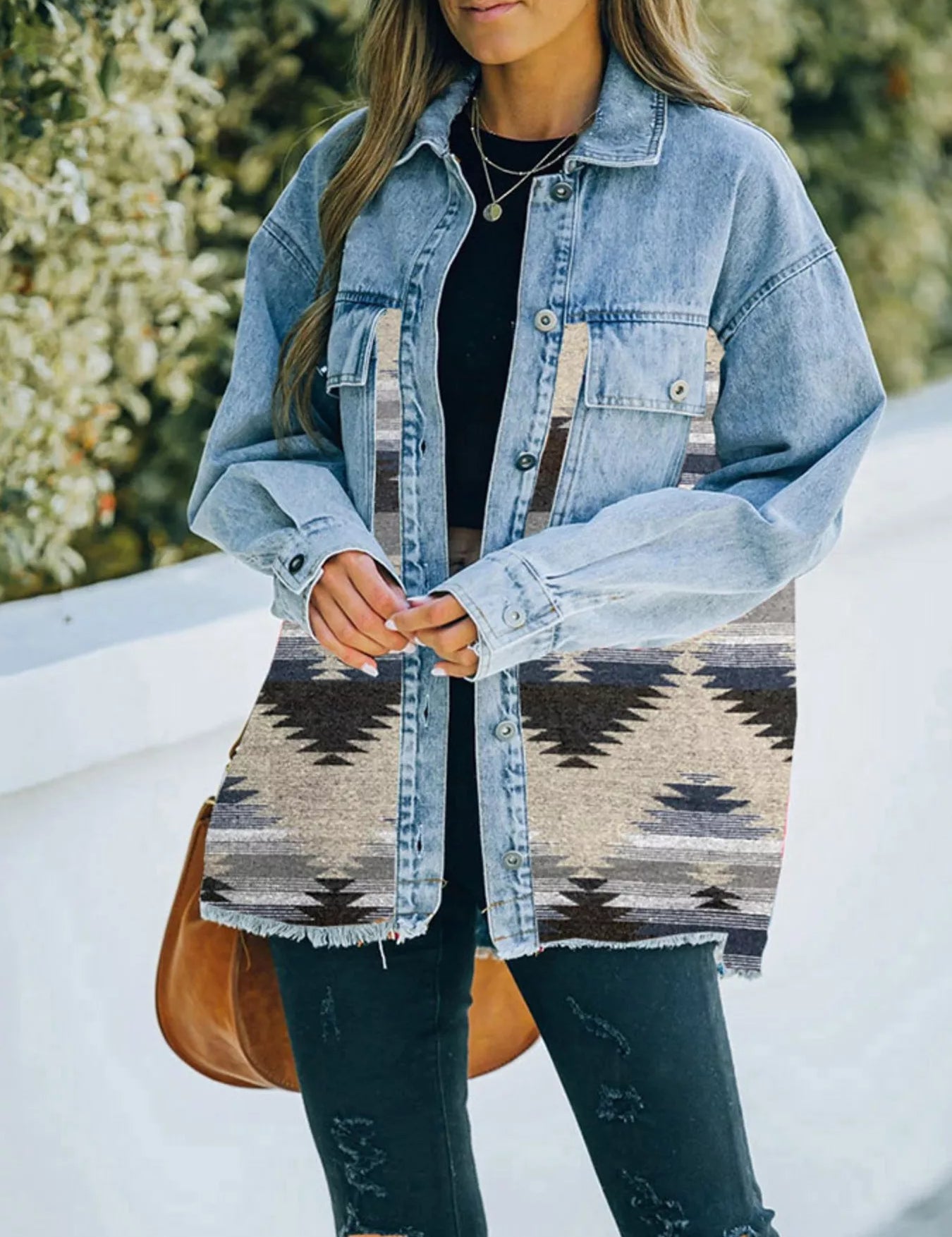 Gray Printed Botton Down Long Sleeve Denim Jacket | Denim Jackets Daverri Fashions