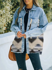 Gray Printed Botton Down Long Sleeve Denim Jacket | Denim Jackets Daverri Fashions