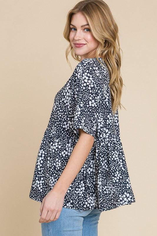 BOMBOM Floral Round Neck Peplum Blouse | Daverri Fashions