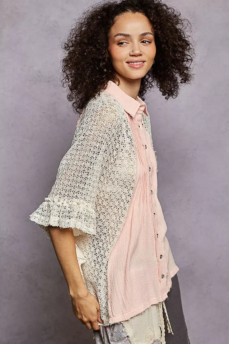 POL Button Down Front Pleated Shirt with Crochet Patch - DAVERRI FASHIONS