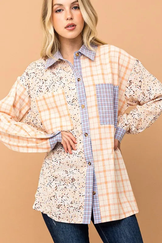 And The Why Floral and Plaid Color Block Shirts with Pocket PEACH M