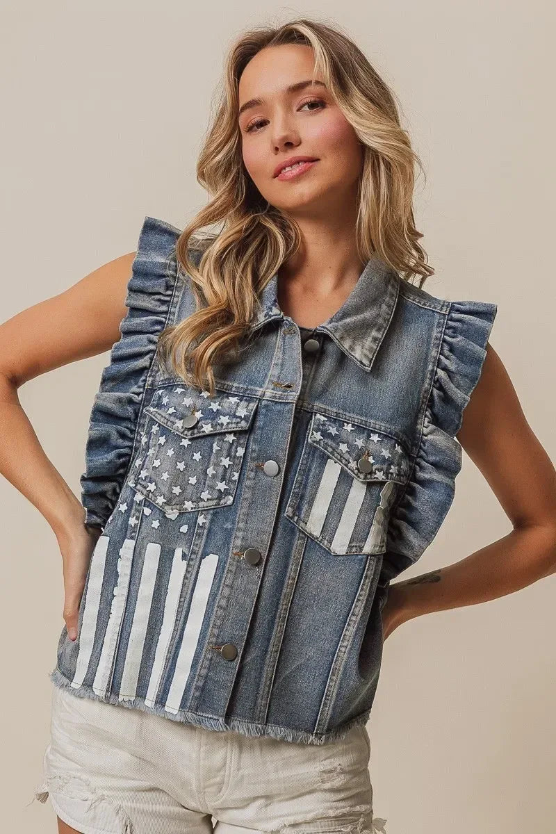BiBi American Flag Washed Denim Jacket - DAVERRI FASHIONS