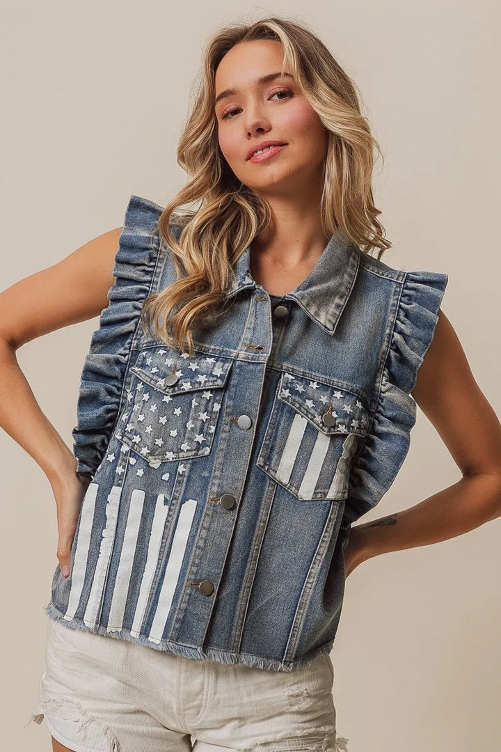BiBi American Flag Washed Denim Jacket Jackets