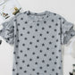 Gray star print tiered ruffled sleeve crew neck T-shirt