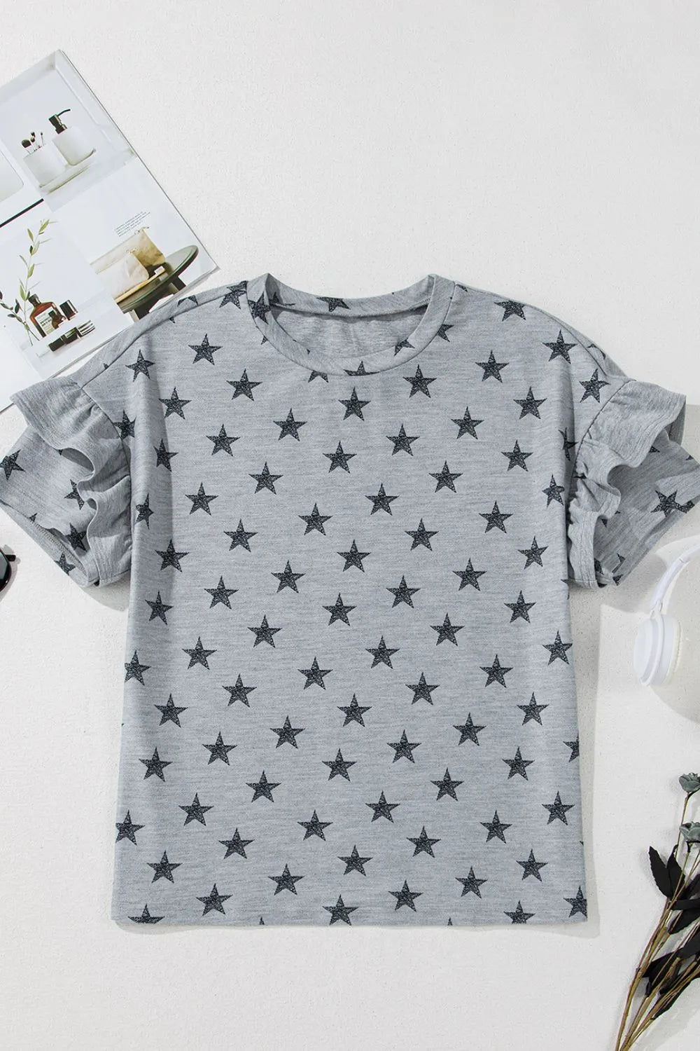 Gray star print tiered ruffled sleeve crew neck T-shirt