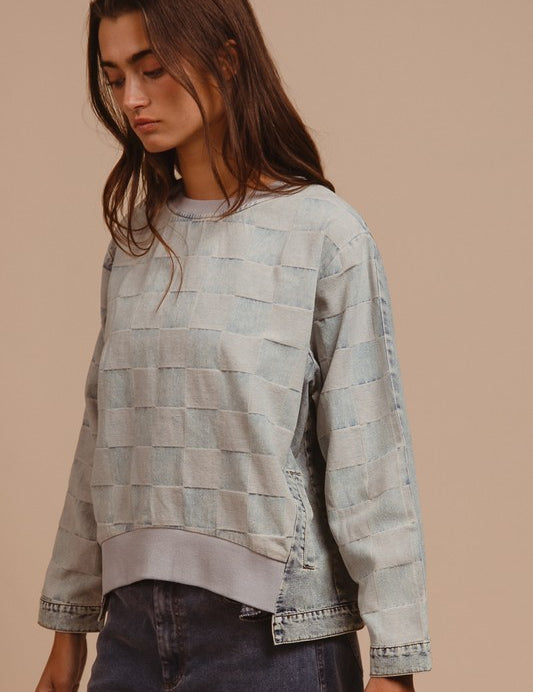 BiBi Mineral Washed Checkered Round Neck Denim Top