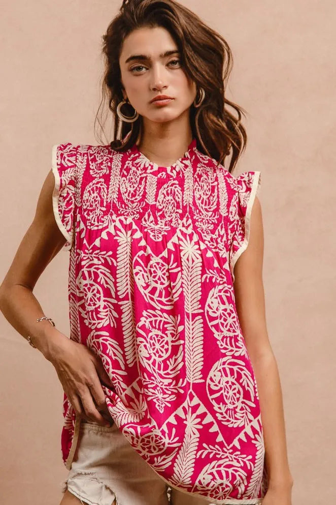 BiBi Printed Pink Ruffle Sleeve Top with botanical print