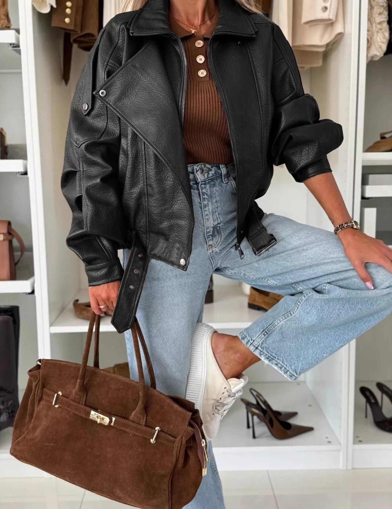 Black Faux Leather Zip Up Moto Jacket | Jackets Daverri Fashions