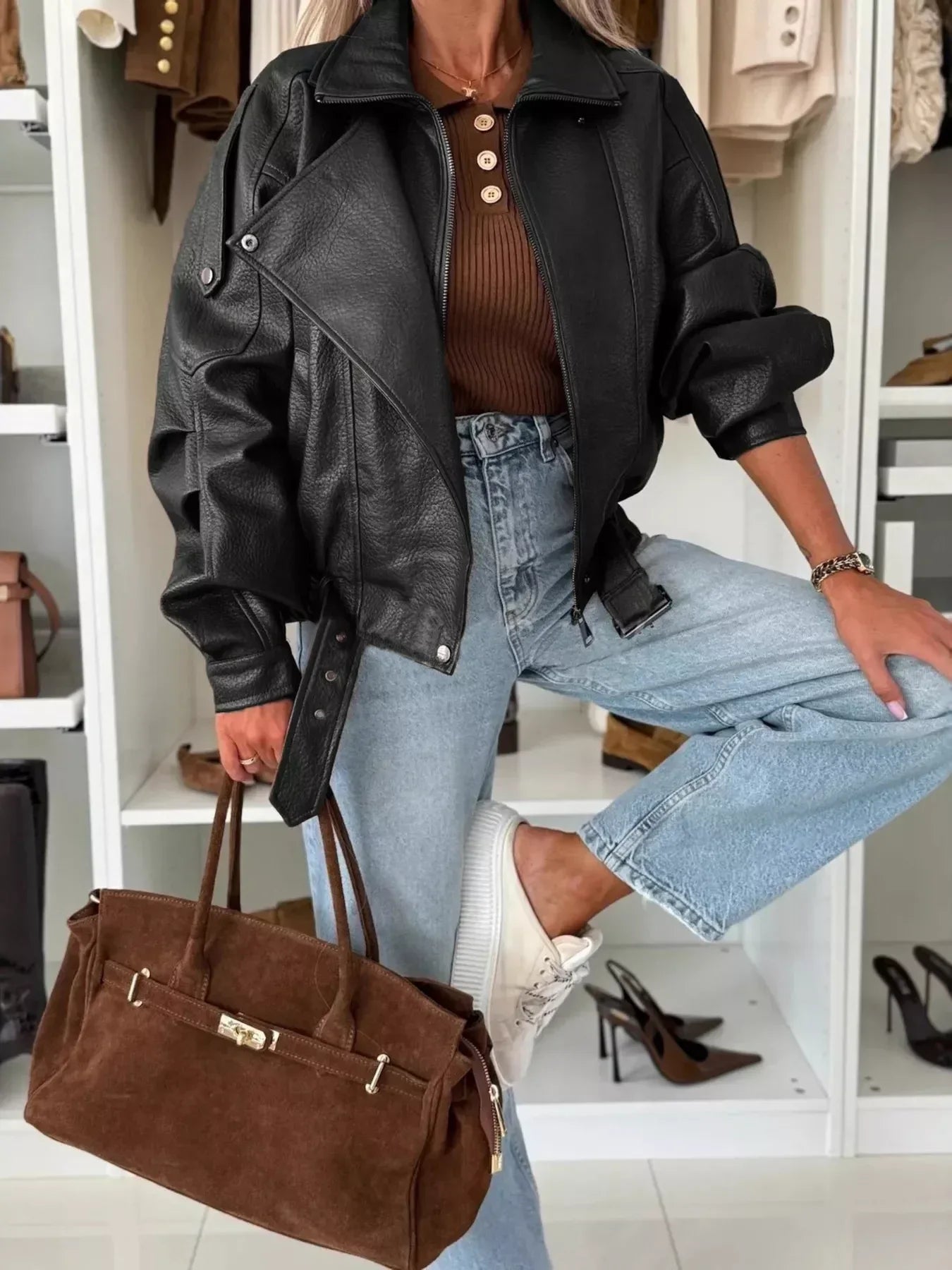 Faux Leather Zip Up Moto Jacket - DAVERRI FASHIONS