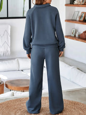 Collared Sweatshirt and High Waist Pants Active Set | Daverri Fashions