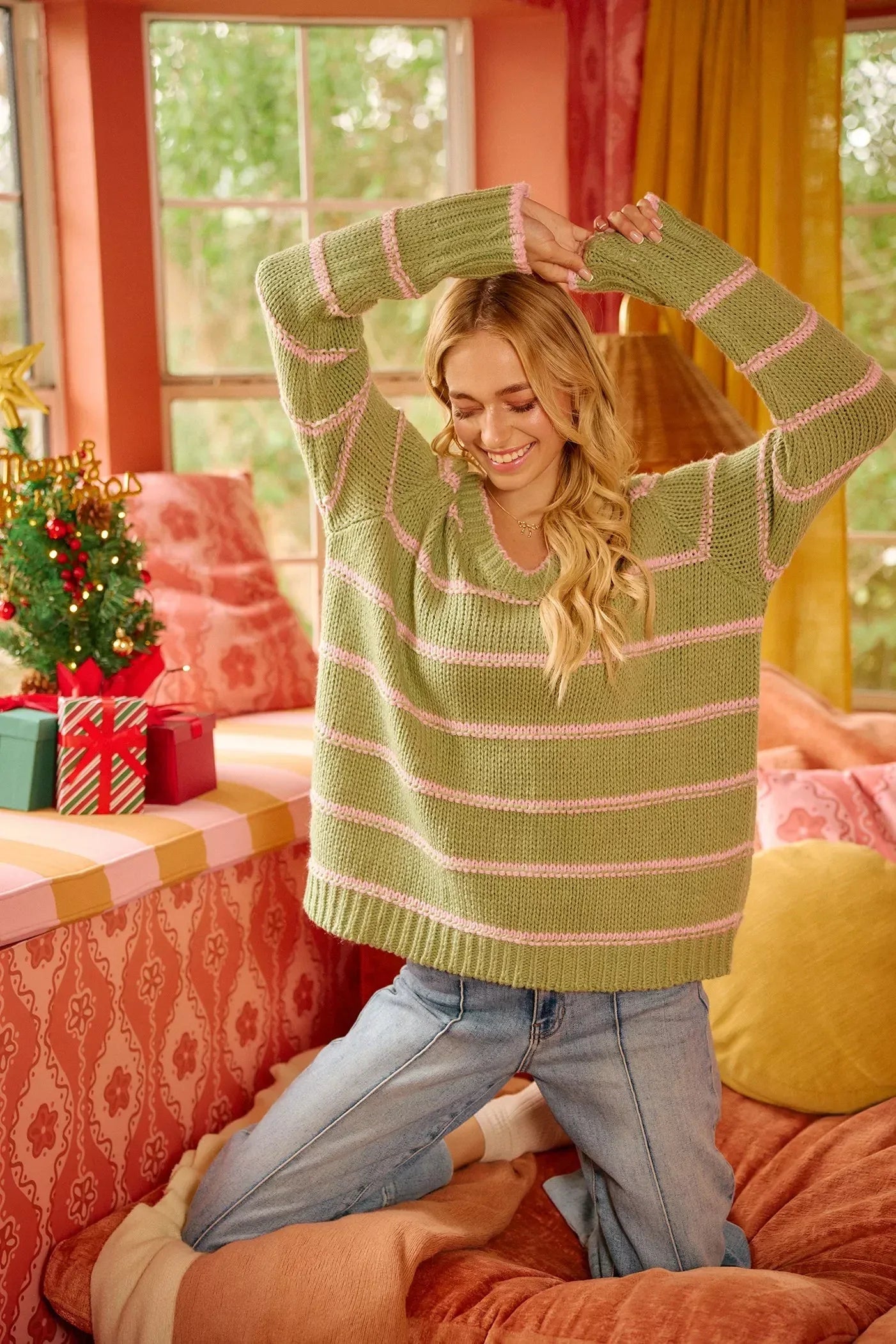 BiBi Striped Long Sleeve Sweater - DAVERRI FASHIONS