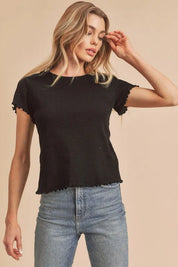 BLACK S Aemi+Co Round Neck Lettuce Hem Short Sleeve T-Shirt | Daverri Fashions