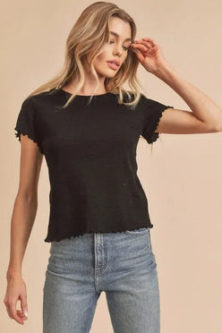 Aemi+Co Round Neck Lettuce Hem Short Sleeve T-Shirt - DAVERRI FASHIONS