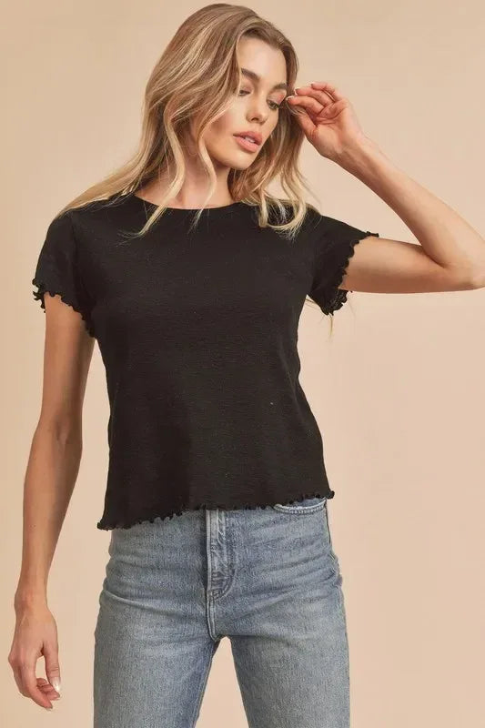 Aemi+Co Round Neck Lettuce Hem Short Sleeve T-Shirt - DAVERRI FASHIONS