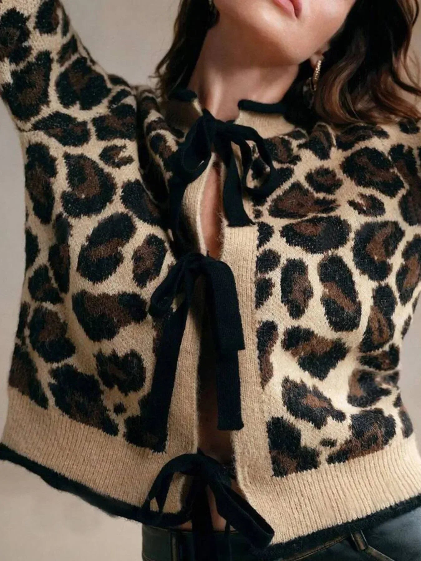 Leopard Print Bow-Tie Front Cropped Cardigan - DAVERRI FASHIONS