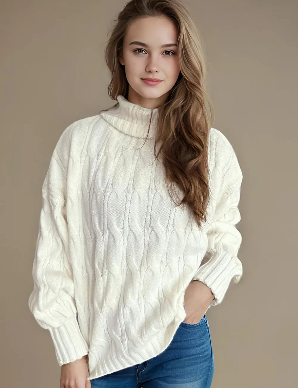 Cream cable knit turtleneck sweater with balloon sleeves