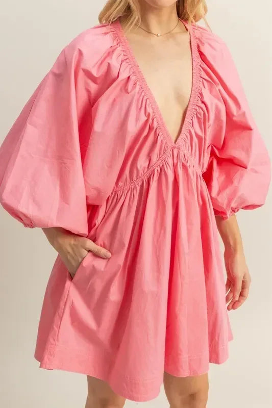 HYFVE Plunge Balloon Sleeve Poplin Mini Dress with Pockets - DAVERRI FASHIONS