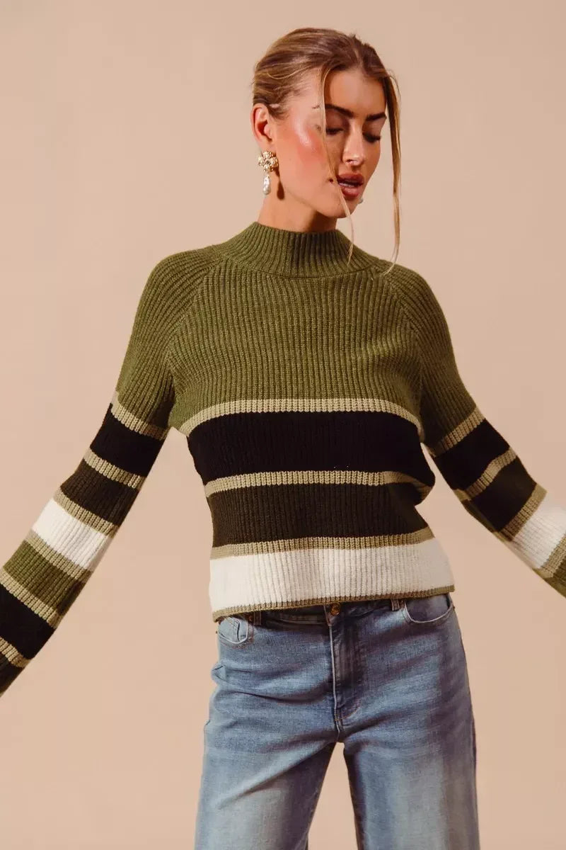 SO ME Multi Color Striped Mock Neck Sweater - DAVERRI FASHIONS