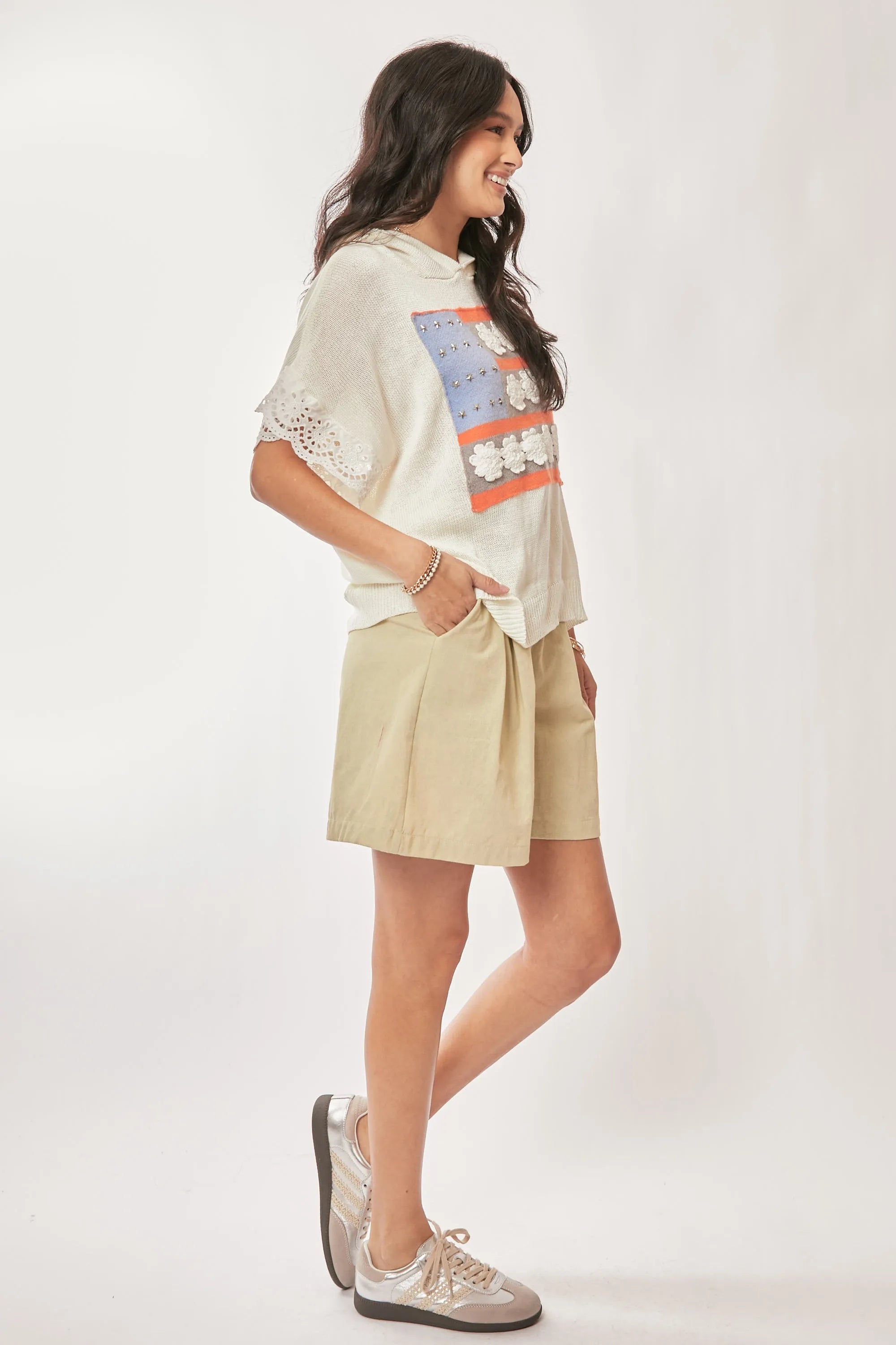 Davi & Dani American Flag Loose Fit Lace Sleeve Hoodie Top | Tops Daverri Fashions